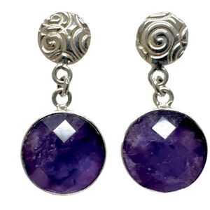 Jay King Sterling Checkerboard Faceted Round Amethyst Bezel Set Dangle Earrings